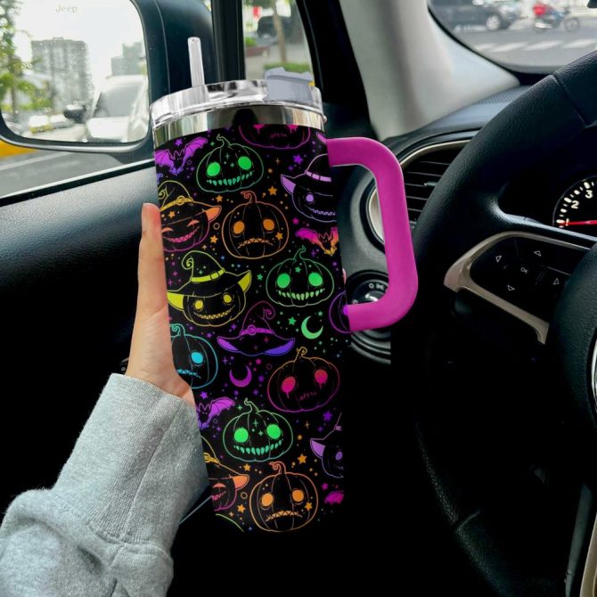 Halloween Neon Nightmare Custom Stanley Quencher 40Oz Stainless Steel Tumbler With Handle - Image 2