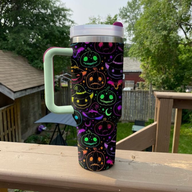 Halloween Neon Nightmare Custom Stanley Quencher 40Oz Stainless Steel Tumbler With Handle - Image 3
