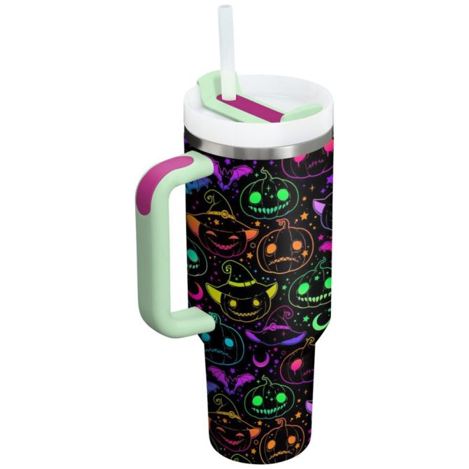 Halloween Neon Nightmare Custom Stanley Quencher 40Oz Stainless Steel Tumbler With Handle - Image 7