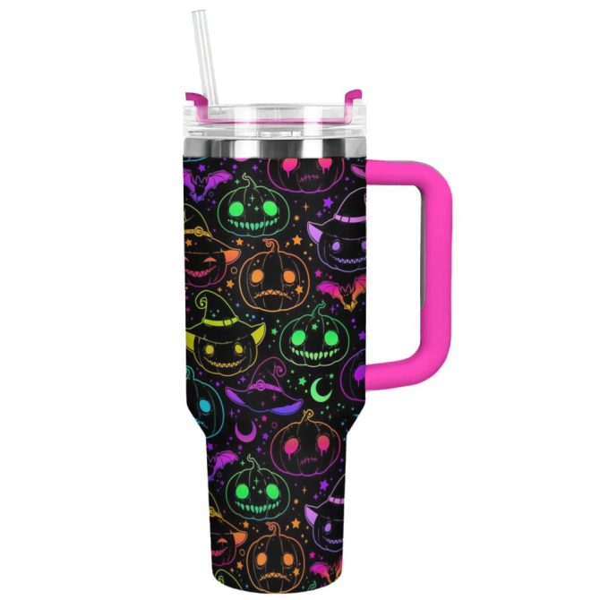 Halloween Neon Nightmare Custom Stanley Quencher 40Oz Stainless Steel Tumbler With Handle