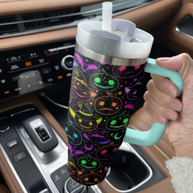 Halloween Neon Nightmare Custom Stanley Quencher 40Oz Stainless Steel Tumbler With Handle - Image 4