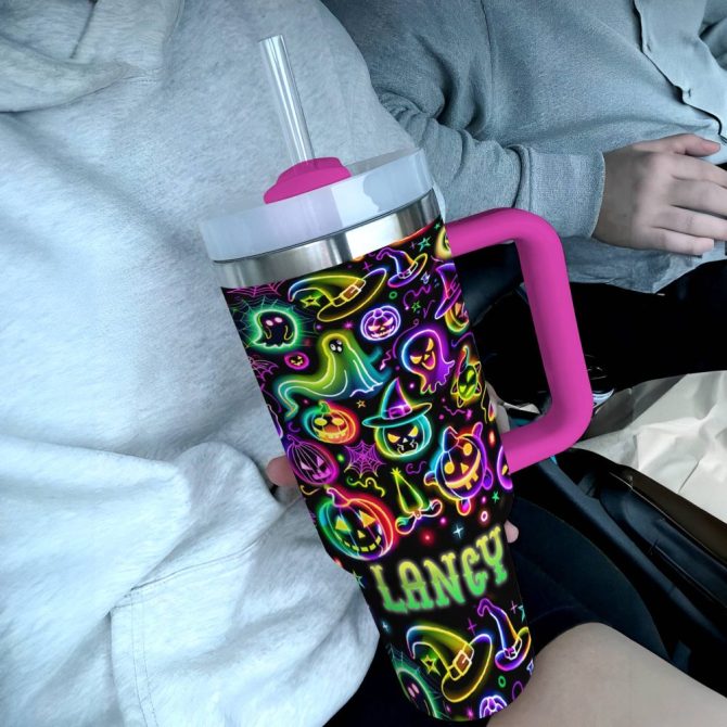 Halloween Neon Nightmares Glossy Custom Stanley Quencher 40Oz Stainless Steel Tumbler With Handle - Image 4