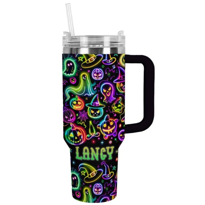 Halloween Neon Nightmares Glossy Custom Stanley Quencher 40Oz Stainless Steel Tumbler With Handle - Image 11