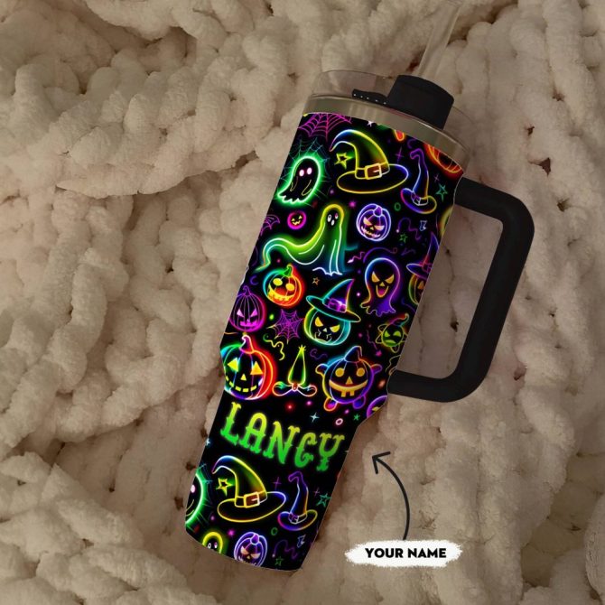 Halloween Neon Nightmares Glossy Custom Stanley Quencher 40Oz Stainless Steel Tumbler With Handle - Image 2