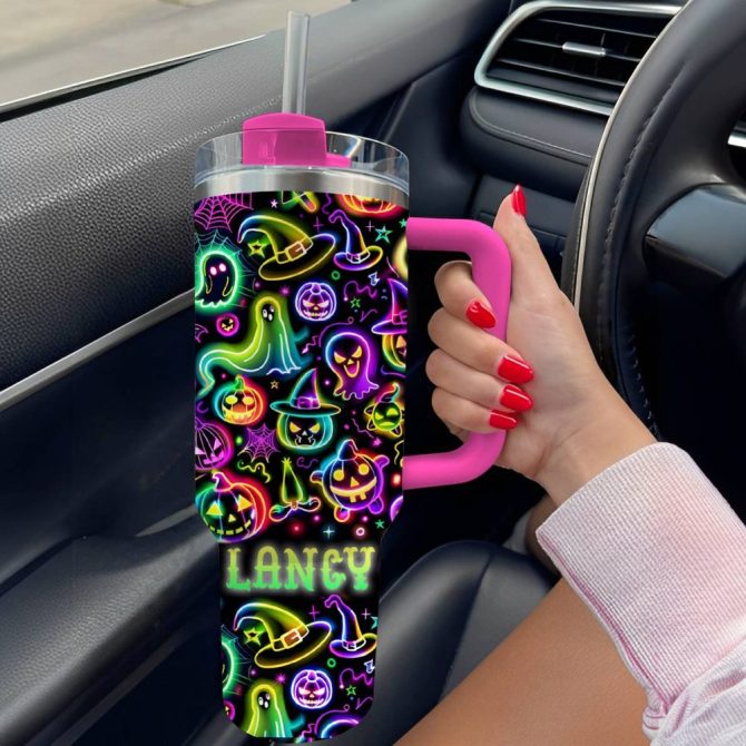 Halloween Neon Nightmares Glossy Custom Stanley Quencher 40Oz Stainless Steel Tumbler With Handle - Image 3
