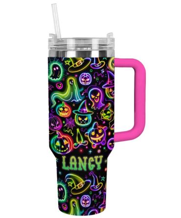 Halloween Neon Nightmares Glossy Custom Stanley Quencher 40Oz Stainless Steel Tumbler With Handle
