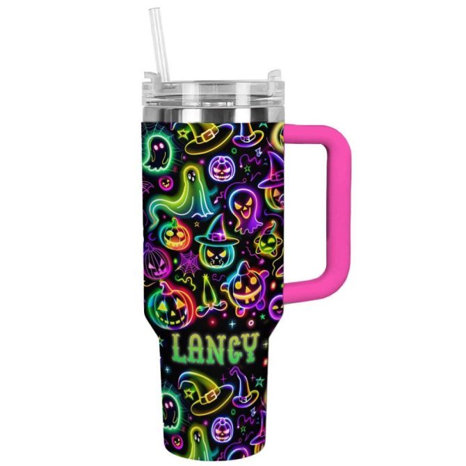 Halloween Neon Nightmares Glossy Custom Stanley Quencher 40Oz Stainless Steel Tumbler With Handle
