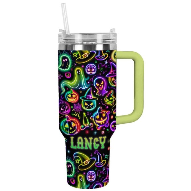 Halloween Neon Nightmares Glossy Custom Stanley Quencher 40Oz Stainless Steel Tumbler With Handle - Image 12