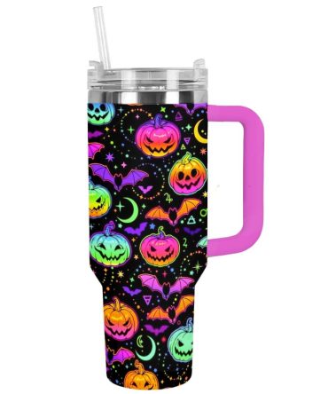 Halloween Neon Pumpkins Custom Stanley Quencher 40Oz Stainless Steel Tumbler With Handle