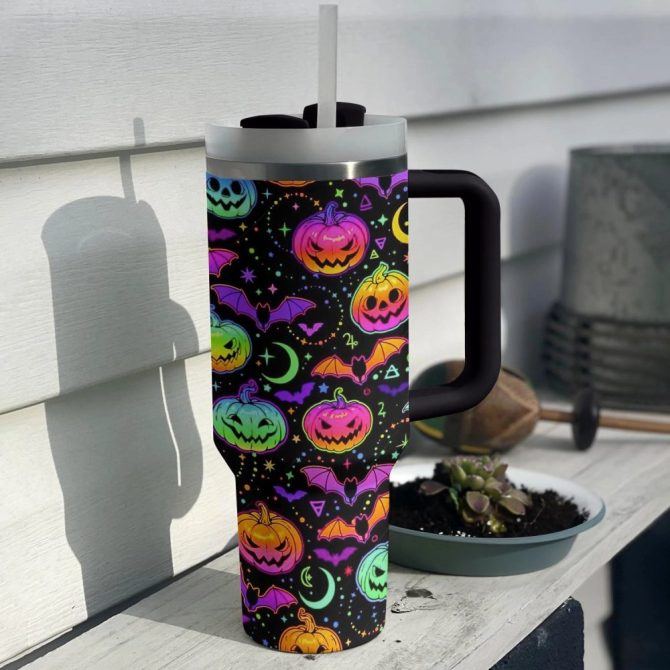 Halloween Neon Pumpkins Custom Stanley Quencher 40Oz Stainless Steel Tumbler With Handle - Image 3