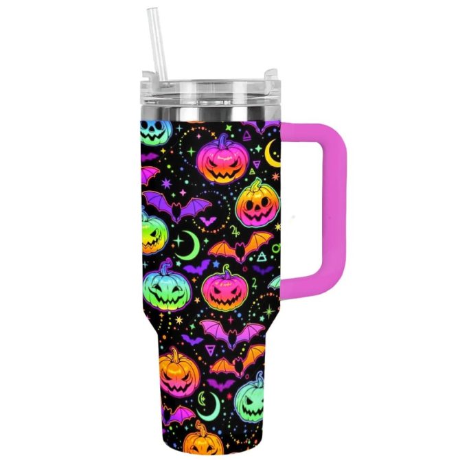 Halloween Neon Pumpkins Custom Stanley Quencher 40Oz Stainless Steel Tumbler With Handle - Image 11