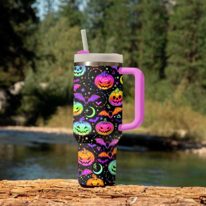 Halloween Neon Pumpkins Custom Stanley Quencher 40Oz Stainless Steel Tumbler With Handle - Image 2
