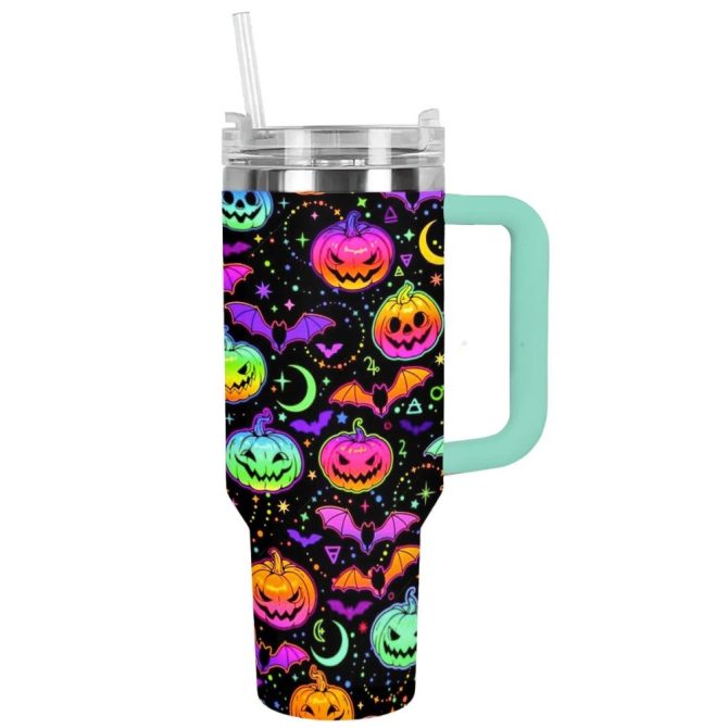 Halloween Neon Pumpkins Custom Stanley Quencher 40Oz Stainless Steel Tumbler With Handle - Image 13