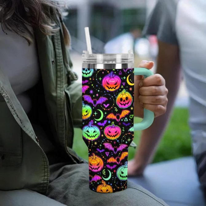 Halloween Neon Pumpkins Custom Stanley Quencher 40Oz Stainless Steel Tumbler With Handle - Image 4