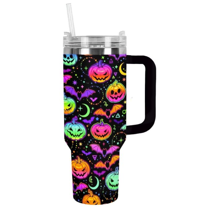 Halloween Neon Pumpkins Custom Stanley Quencher 40Oz Stainless Steel Tumbler With Handle - Image 12
