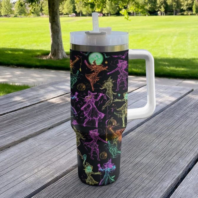 Halloween Neon Witch Dance Custom Stanley Quencher 40Oz Stainless Steel Tumbler With Handle - Image 2