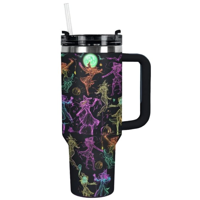 Halloween Neon Witch Dance Custom Stanley Quencher 40Oz Stainless Steel Tumbler With Handle