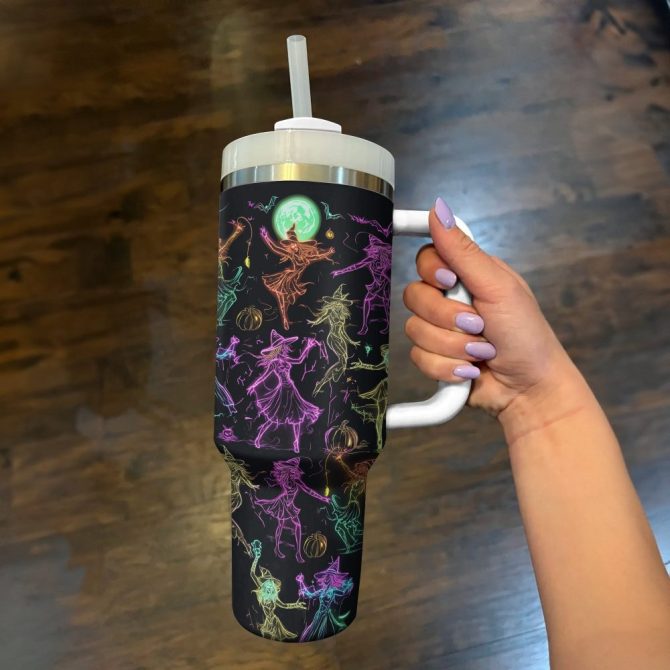 Halloween Neon Witch Dance Custom Stanley Quencher 40Oz Stainless Steel Tumbler With Handle - Image 3