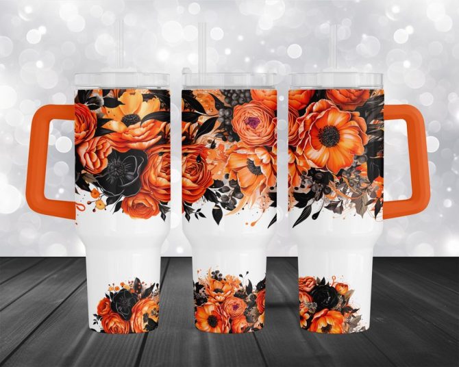 Halloween Orange Black Flowerscustom Stanley Quencher 40Oz Stainless Steel Tumbler - Image 4