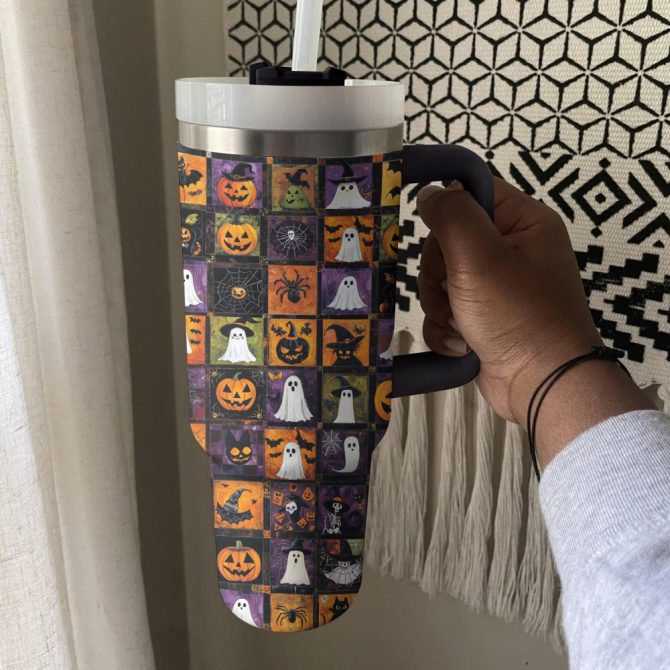 Halloween Patchwork Custom Stanley Quencher 40Oz Stainless Steel Tumbler With Handle - Image 4