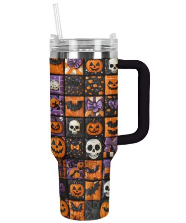 Halloween Patchwork Custom Stanley Quencher 40Oz Stainless Steel Tumbler With Handle
