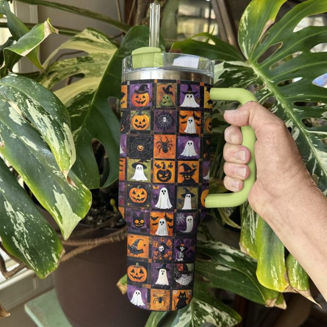 Halloween Patchwork Custom Stanley Quencher 40Oz Stainless Steel Tumbler With Handle - Image 3
