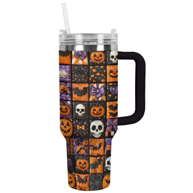Halloween Patchwork Custom Stanley Quencher 40Oz Stainless Steel Tumbler With Handle - Image 11