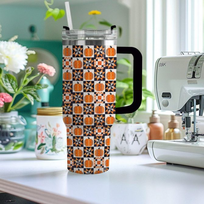 Halloween Patchwork Custom Stanley Quencher 40Oz Stainless Steel Tumbler With Handle - Image 3