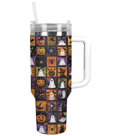 Halloween Patchwork Custom Stanley Quencher 40Oz Stainless Steel Tumbler With Handle