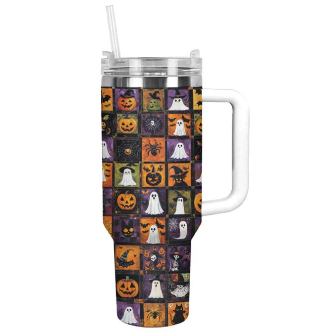Halloween Patchwork Custom Stanley Quencher 40Oz Stainless Steel Tumbler With Handle