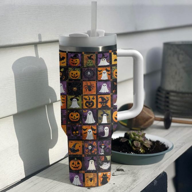 Halloween Patchwork Custom Stanley Quencher 40Oz Stainless Steel Tumbler With Handle - Image 2