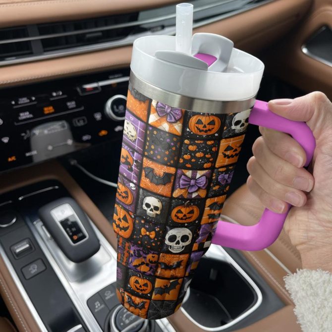 Halloween Patchwork Custom Stanley Quencher 40Oz Stainless Steel Tumbler With Handle - Image 3