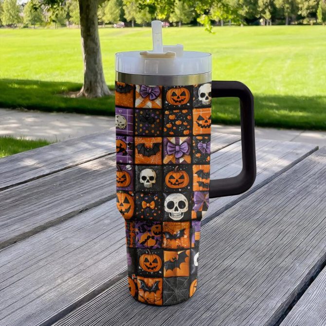 Halloween Patchwork Custom Stanley Quencher 40Oz Stainless Steel Tumbler With Handle - Image 4