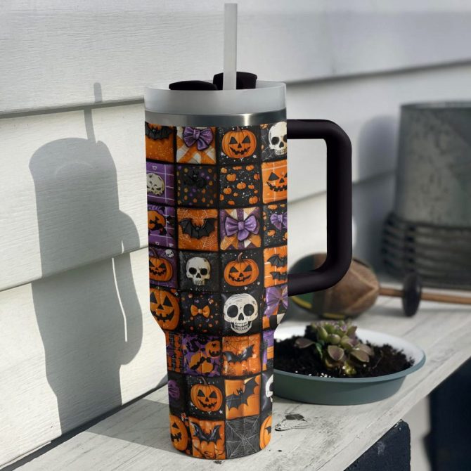Halloween Patchwork Custom Stanley Quencher 40Oz Stainless Steel Tumbler With Handle - Image 2