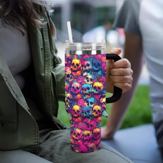 Halloween Psychedelic Skulls Custom Stanley Quencher 40Oz Stainless Steel Tumbler With Handle - Image 3