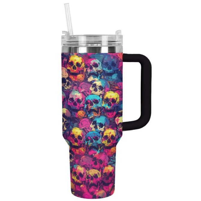 Halloween Psychedelic Skulls Custom Stanley Quencher 40Oz Stainless Steel Tumbler With Handle - Image 9