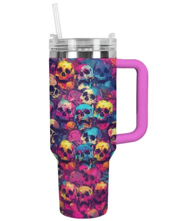 Halloween Psychedelic Skulls Custom Stanley Quencher 40Oz Stainless Steel Tumbler With Handle