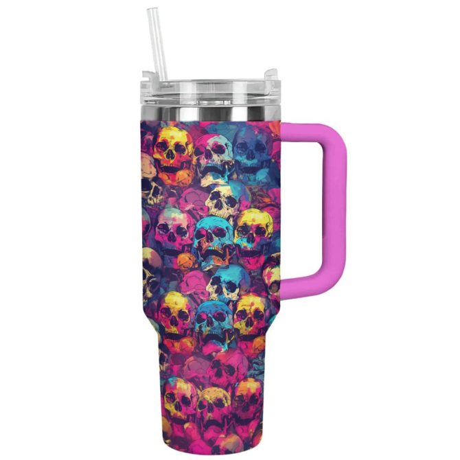 Halloween Psychedelic Skulls Custom Stanley Quencher 40Oz Stainless Steel Tumbler With Handle
