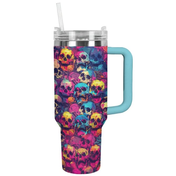 Halloween Psychedelic Skulls Custom Stanley Quencher 40Oz Stainless Steel Tumbler With Handle - Image 10