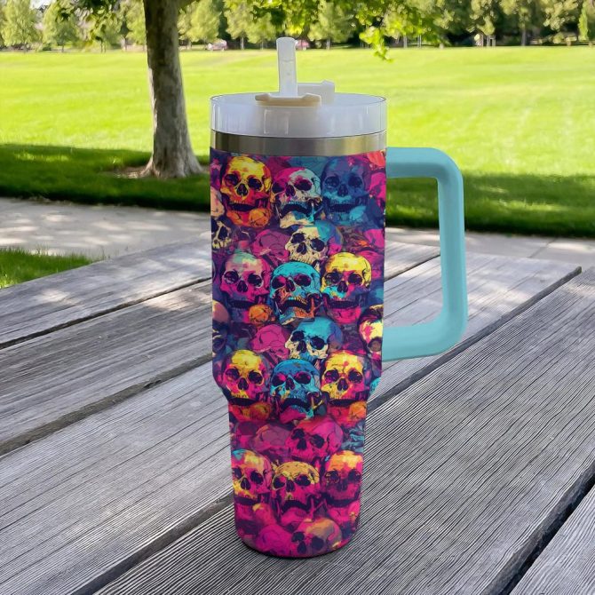 Halloween Psychedelic Skulls Custom Stanley Quencher 40Oz Stainless Steel Tumbler With Handle - Image 2