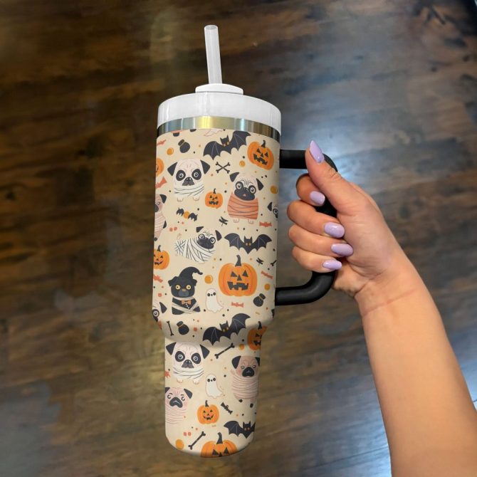 Halloween Pug Mummy Custom Stanley Quencher 40Oz Stainless Steel Tumbler With Handle - Image 2