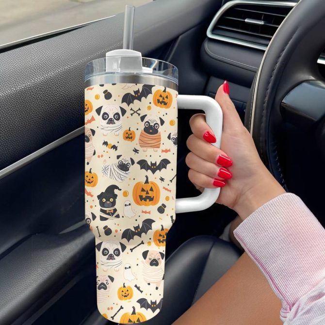 Halloween Pug Mummy Custom Stanley Quencher 40Oz Stainless Steel Tumbler With Handle - Image 5