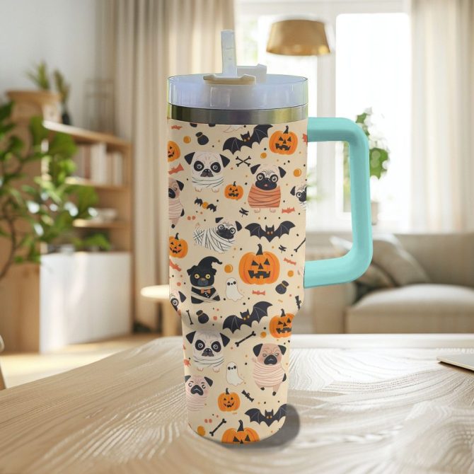 Halloween Pug Mummy Custom Stanley Quencher 40Oz Stainless Steel Tumbler With Handle - Image 4