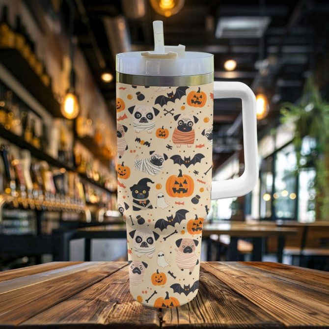 Halloween Pug Mummy Custom Stanley Quencher 40Oz Stainless Steel Tumbler With Handle - Image 3