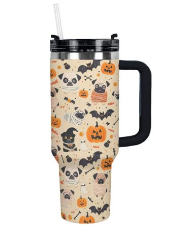 Halloween Pug Mummy Custom Stanley Quencher 40Oz Stainless Steel Tumbler With Handle