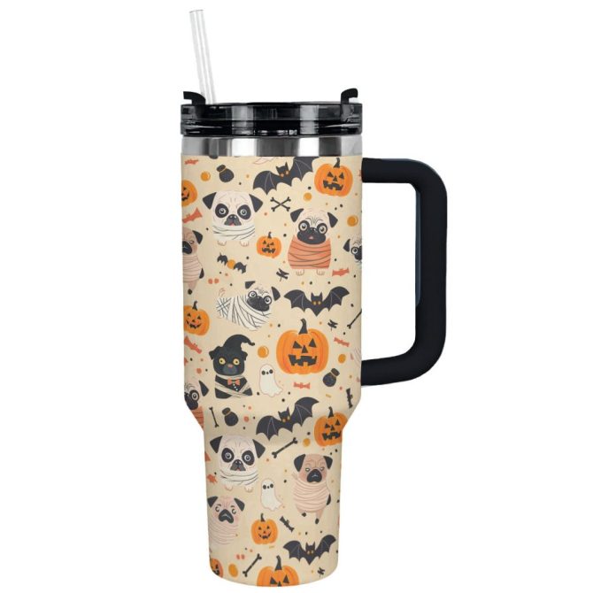 Halloween Pug Mummy Custom Stanley Quencher 40Oz Stainless Steel Tumbler With Handle