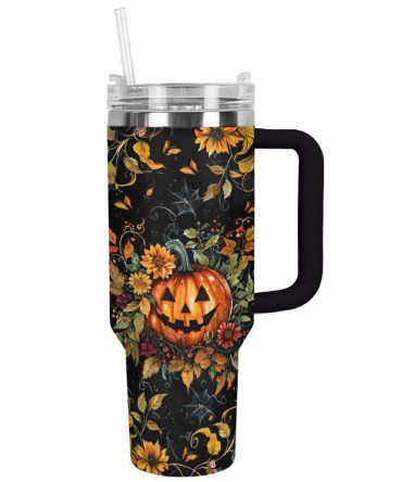 Halloween Pumpkin And Flower Custom Stanley Quencher 40Oz Stainless Steel Tumbler With Handle