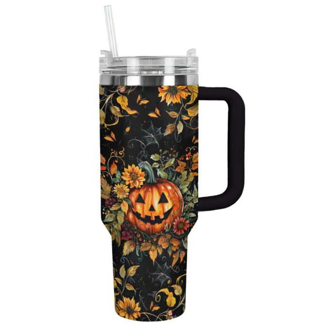 Halloween Pumpkin And Flower Custom Stanley Quencher 40Oz Stainless Steel Tumbler With Handle