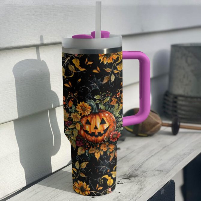 Halloween Pumpkin And Flower Custom Stanley Quencher 40Oz Stainless Steel Tumbler With Handle - Image 2