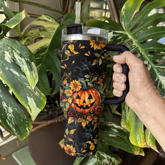 Halloween Pumpkin And Flower Custom Stanley Quencher 40Oz Stainless Steel Tumbler With Handle - Image 3